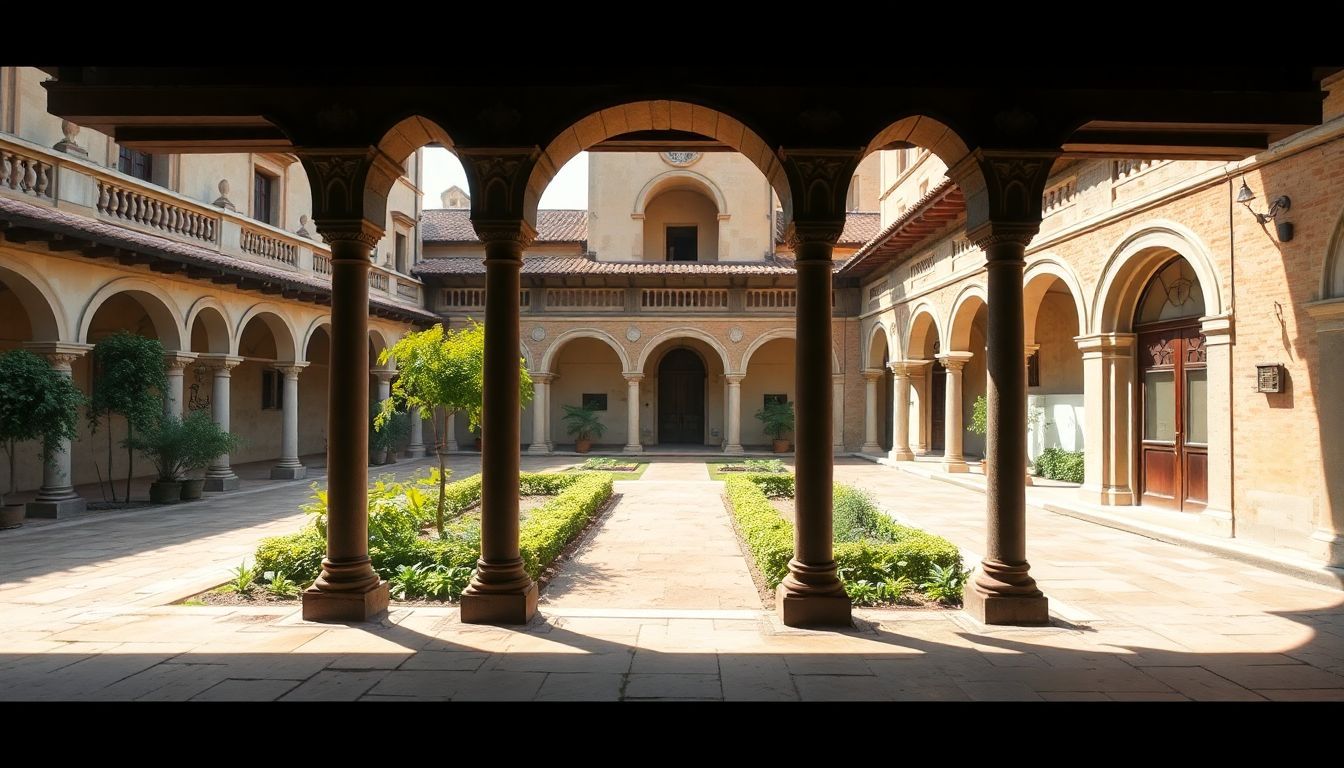 The photo captures the beautiful architecture of the Ancient Spanish Monastery courtyard.