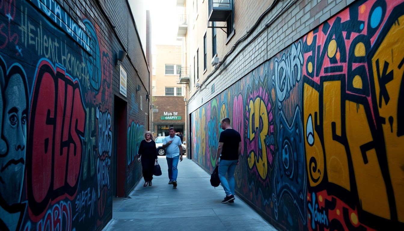 Vibrant street art in urban alleyway, no people, natural light.