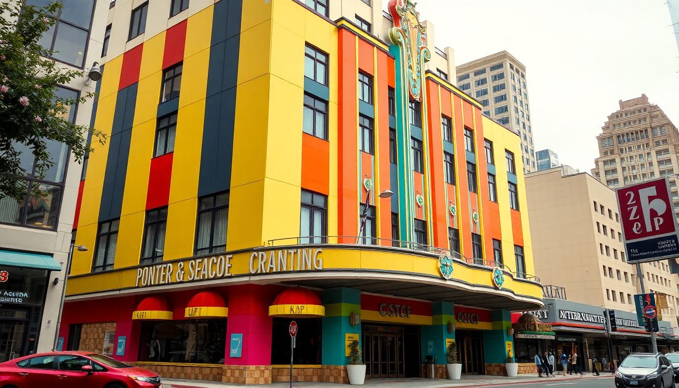 The image shows a colorful Art Deco building in a lively city.