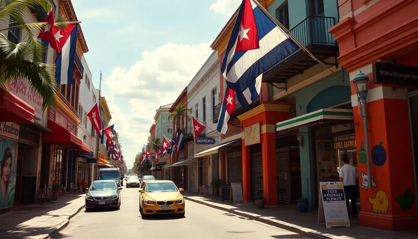 A vibrant street scene in Little Havana with colorful murals and shops.