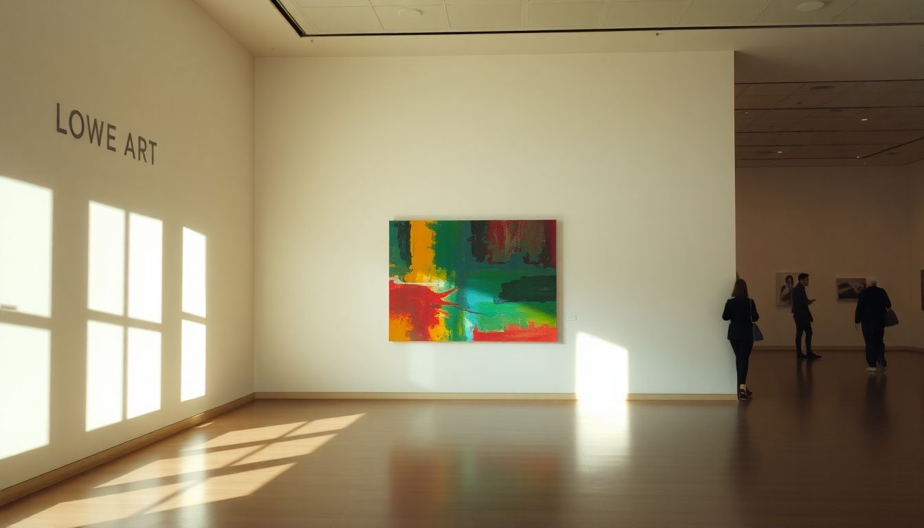 A contemporary abstract painting on display in a gallery.