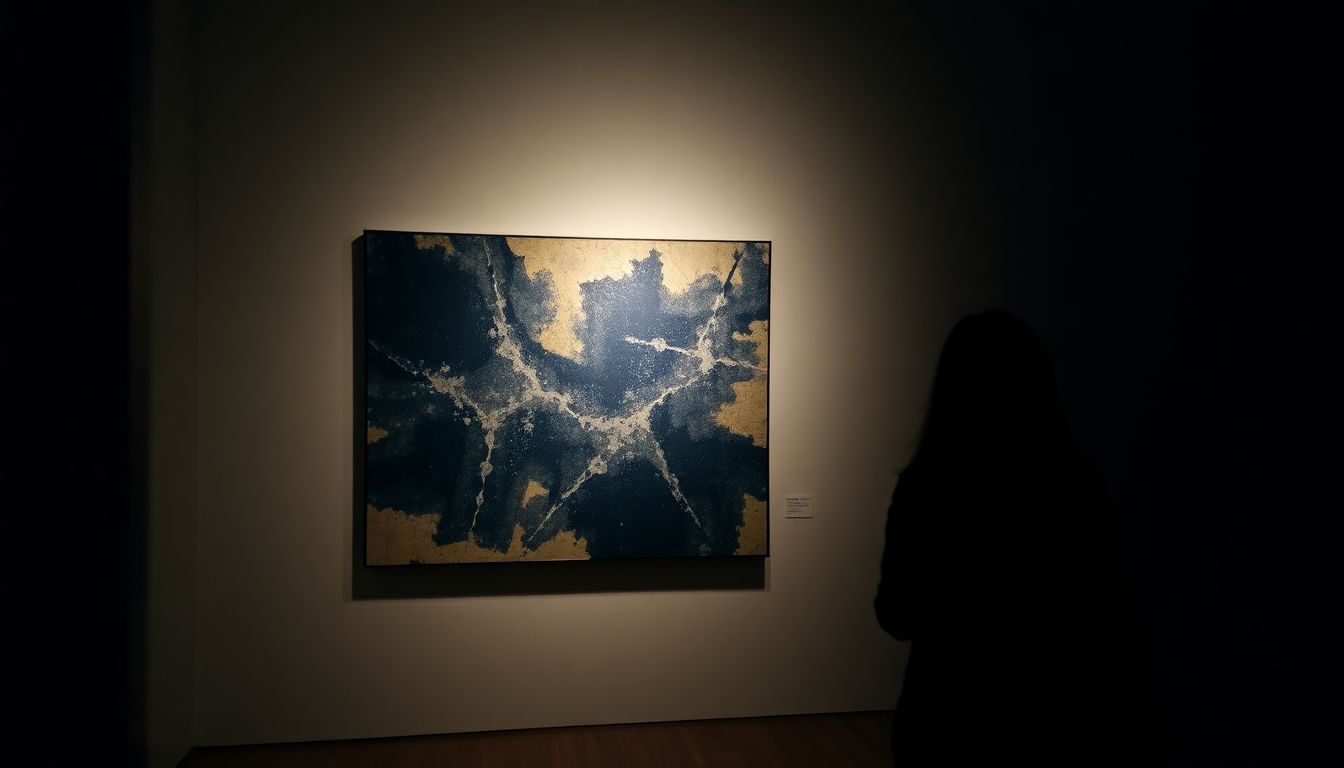 An abstract painting displayed in a softly lit gallery.