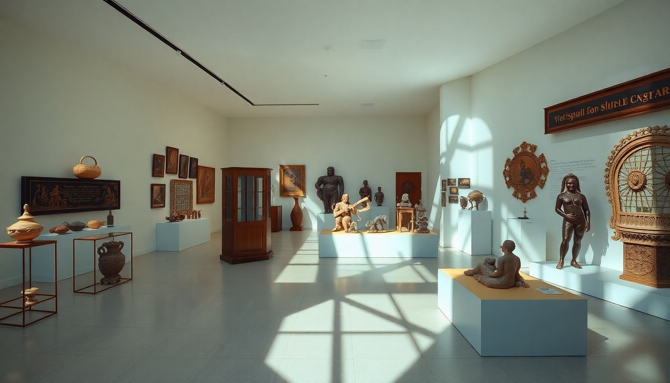 A diverse exhibit of historical artifacts and modern installations at the Wolfsonian-FIU Museum.