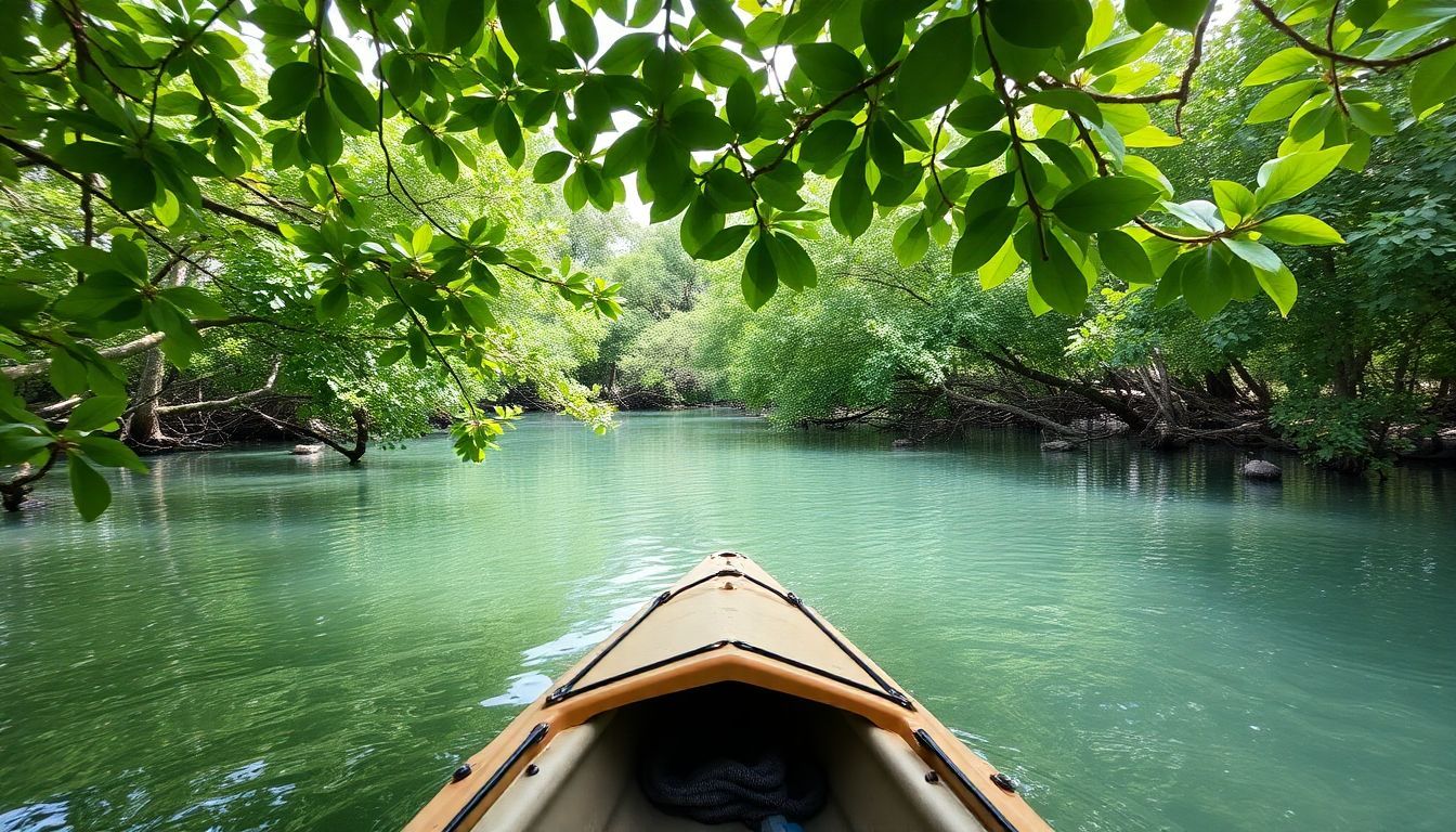 An old kayak floats calmly under mangrove trees in Oleta River State Park.