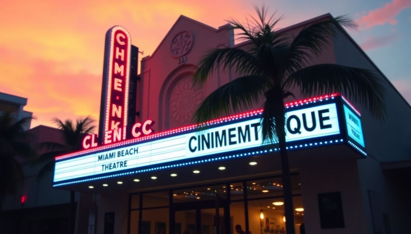 The Miami Beach Cinematheque exterior at dusk with vintage marquee lights.