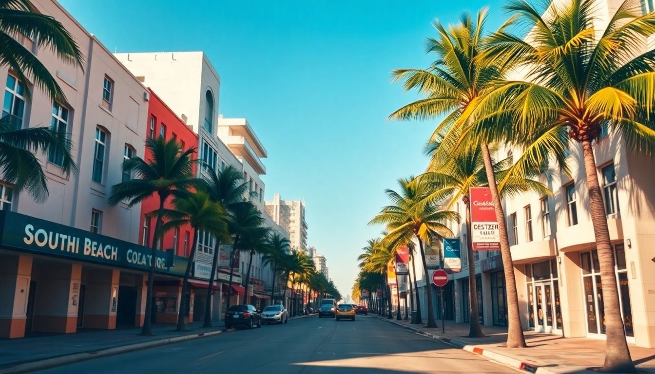 Vibrant Art Deco buildings and palm trees in South Beach street scene.