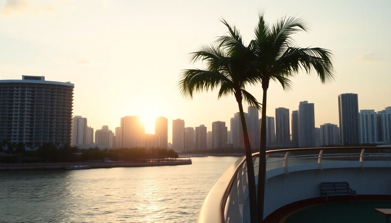 Stunning Miami skyline at sunset from a cruise ship on Biscayne Bay.