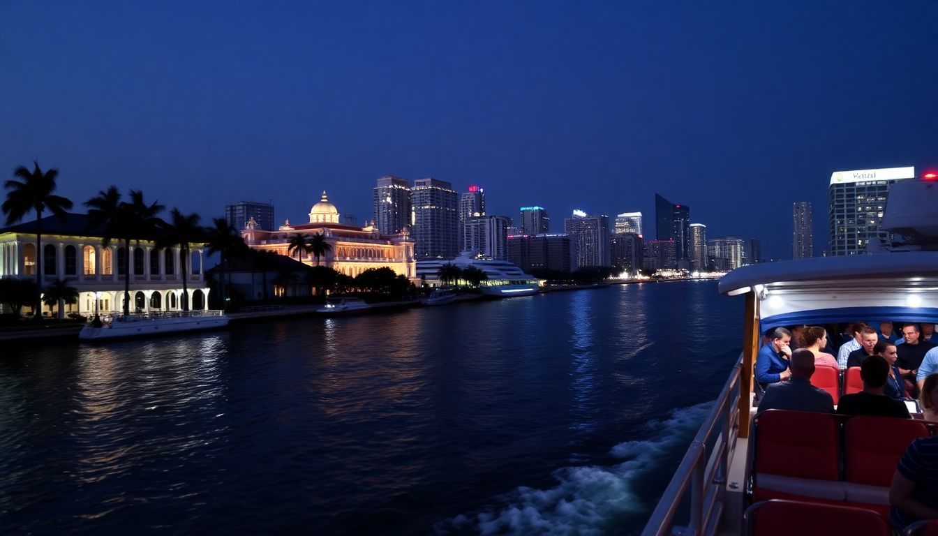 A serene Miami River boat tour at dusk with elegant mansions.