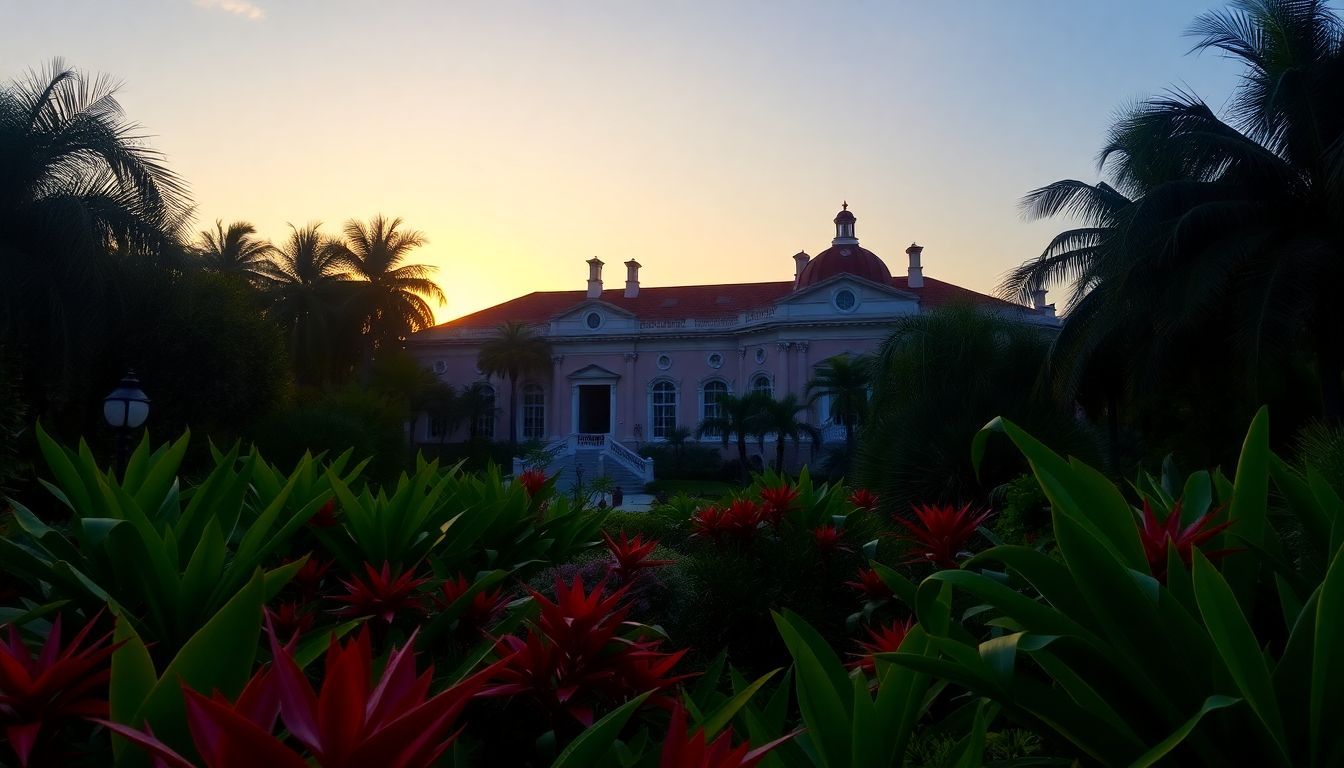 Vizcaya Museum and Gardens at sunset, surrounded by tropical plants.