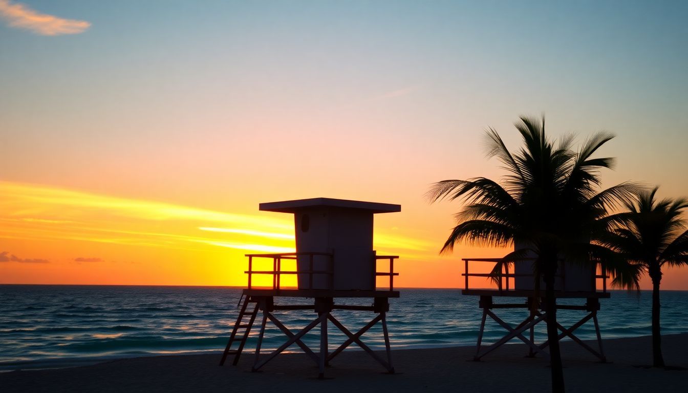 The iconic lifeguard towers on Miami Beach at sunset with vibrant colors.