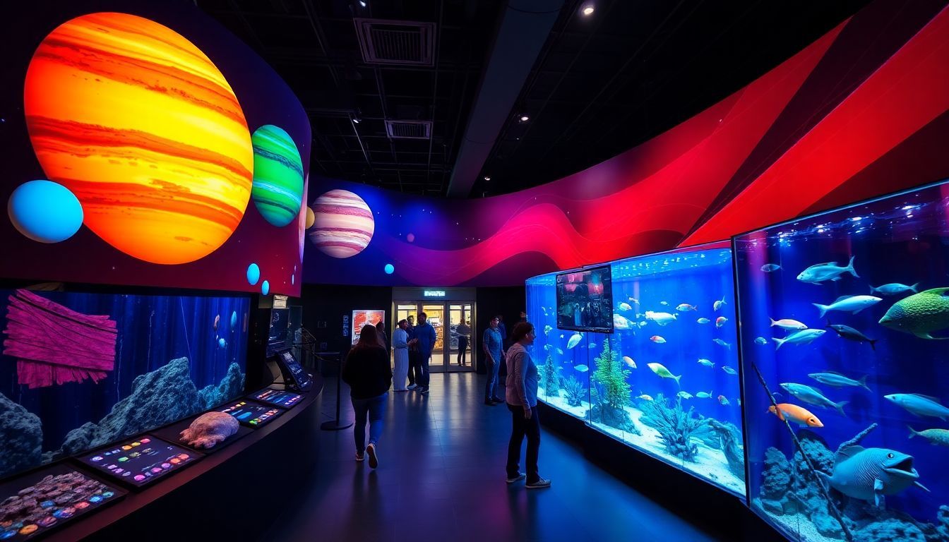 An interactive space-themed exhibit at Frost Science's Key Attractions with vibrant displays of planets and marine life.