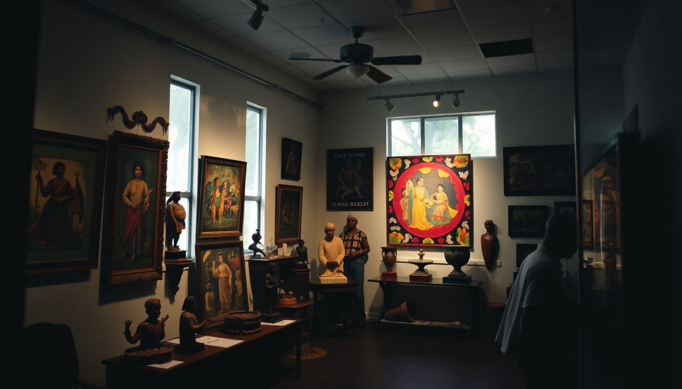 The interior of the Haitian Heritage Museum in Miami features vibrant art and historical artifacts.