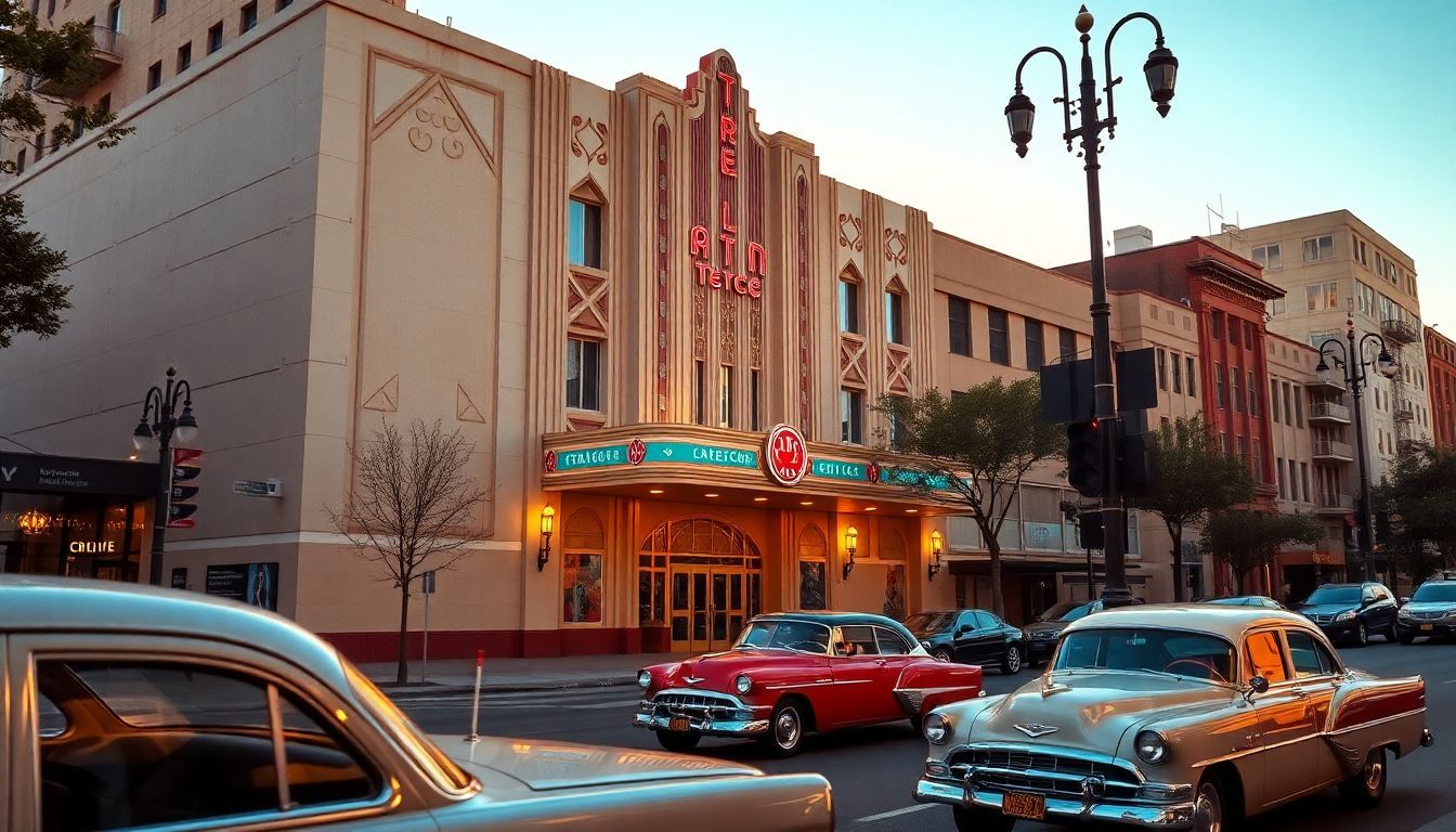 An Art Deco building with vintage cars and street lamps.