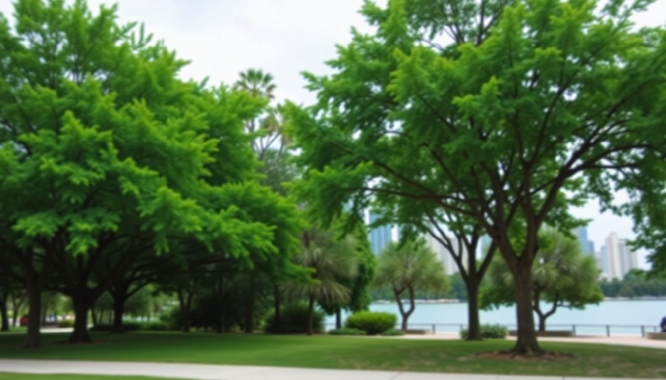 A peaceful waterfront view of Bayfront Park with city skyline in the background.