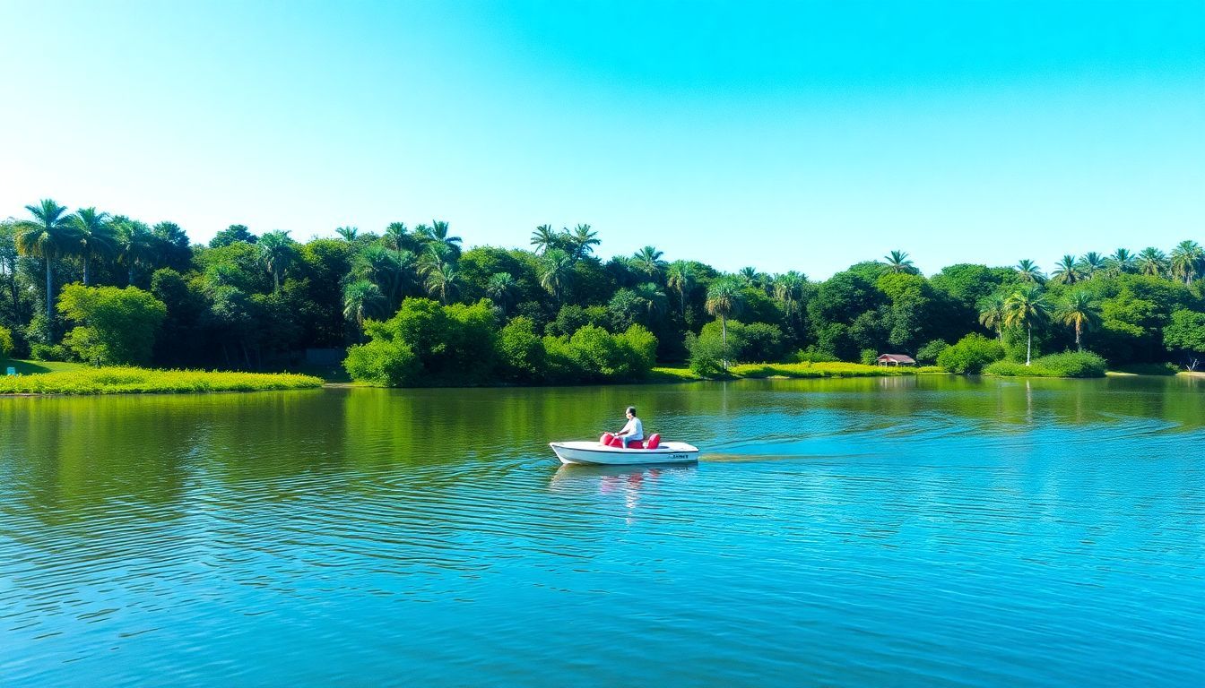 A serene lakeside at Tropical Park with a paddle boat.