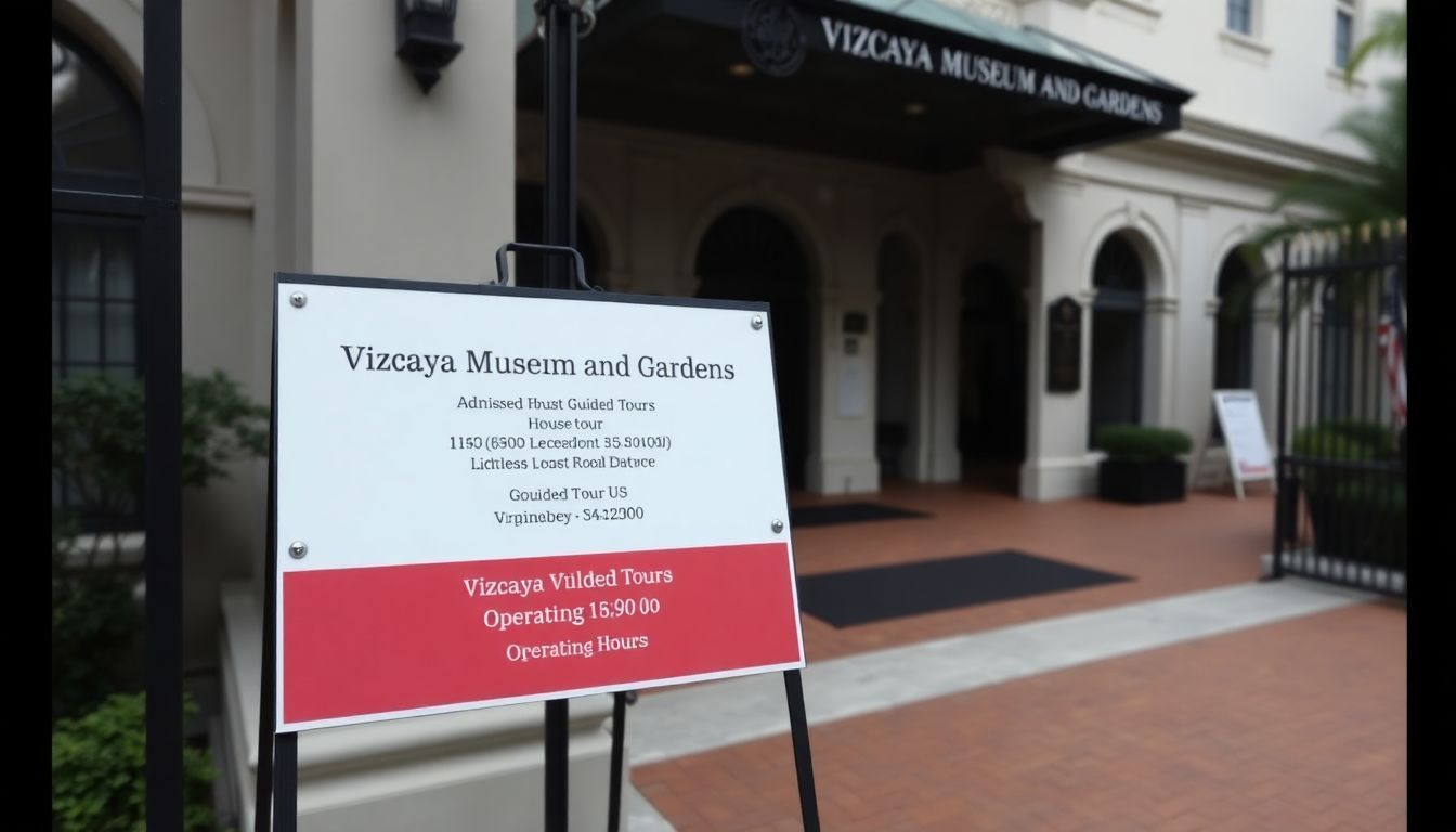 Entrance to Vizcaya Museum and Gardens, featuring admission details and tours.