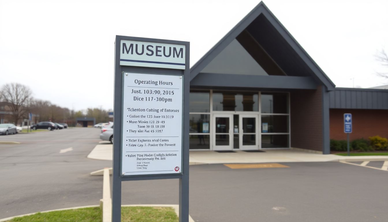 A museum entrance with operating hours and ticket information sign.