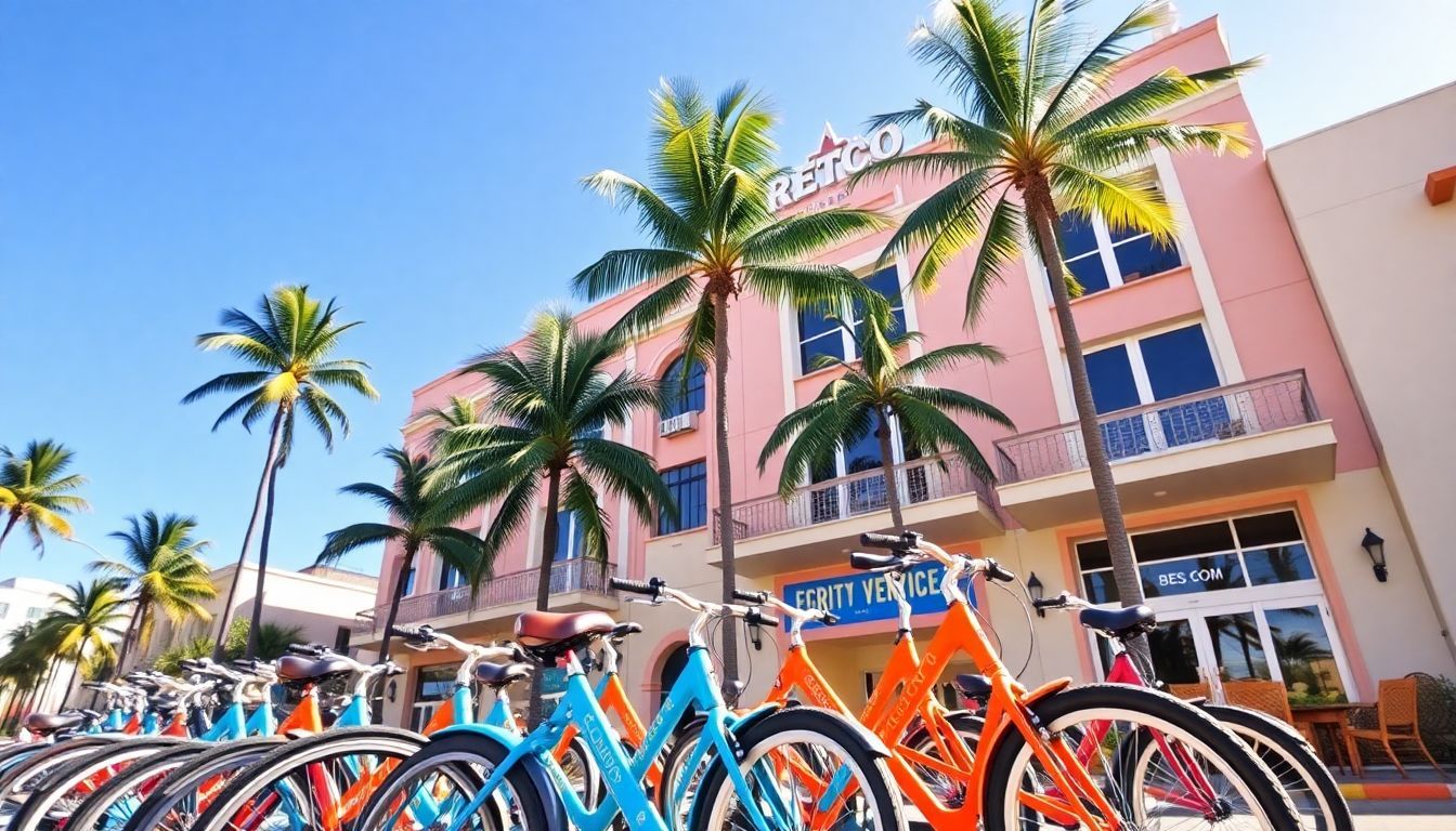 Colorful rental bikes parked in front of Miami Beach Art Deco building.