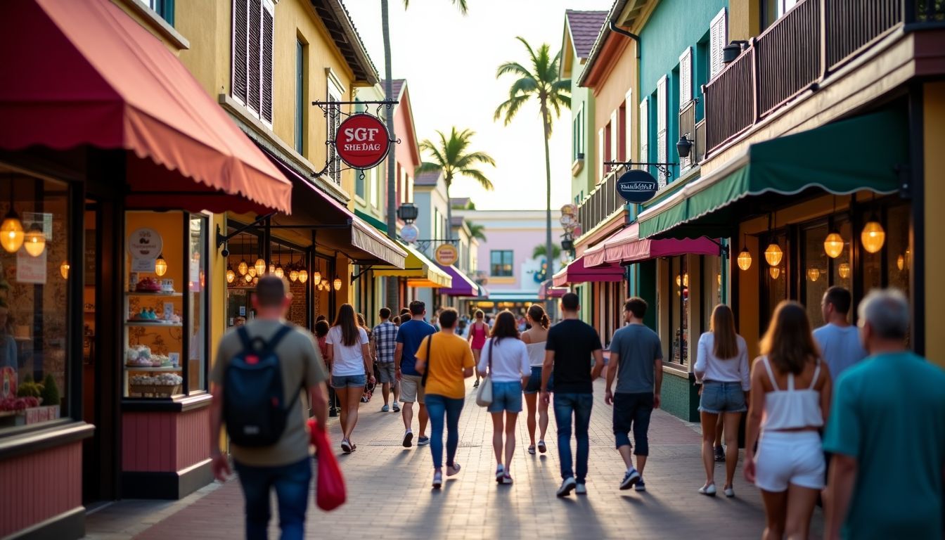 Colorful storefronts at Bayside Marketplace with various products on display.