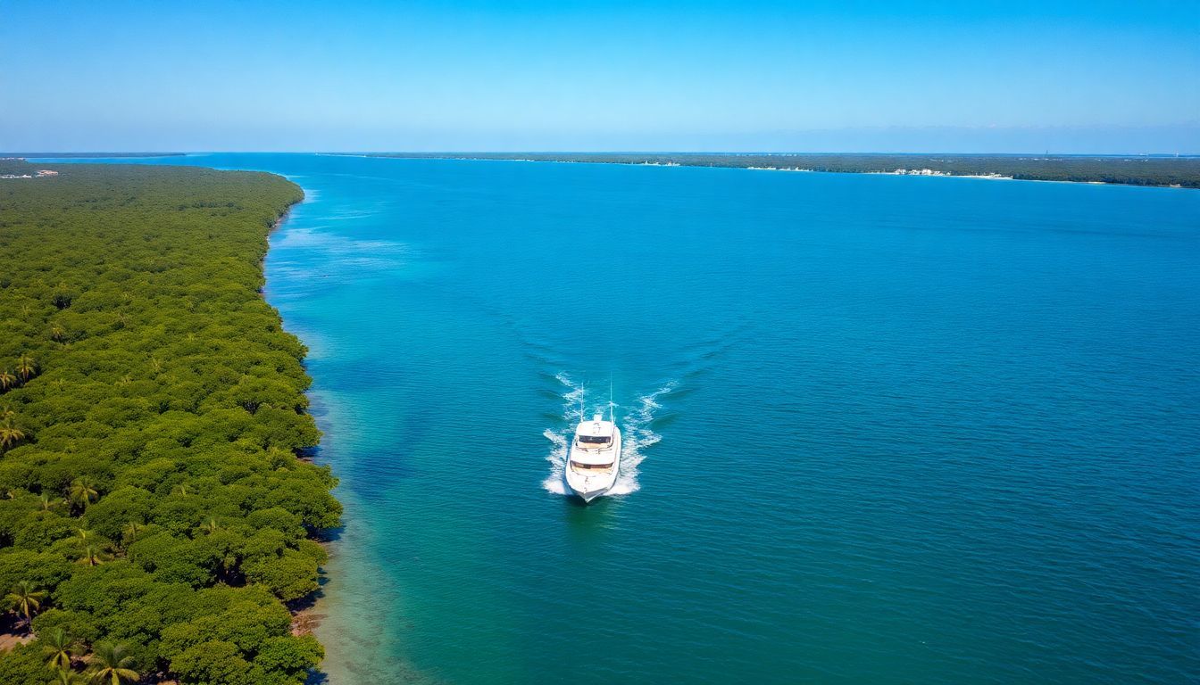 A private boat sails in Biscayne Bay, surrounded by lush mangroves.