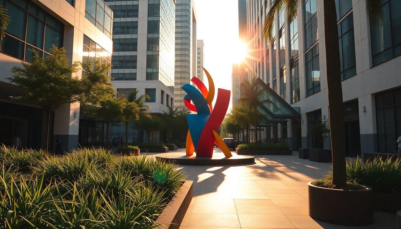 A vibrant outdoor sculpture surrounded by modern buildings and greenery.