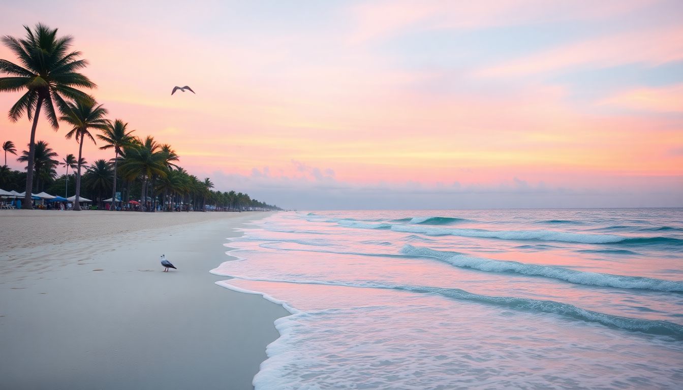 A serene sunset beach scene in Miami with palm trees and gentle waves.