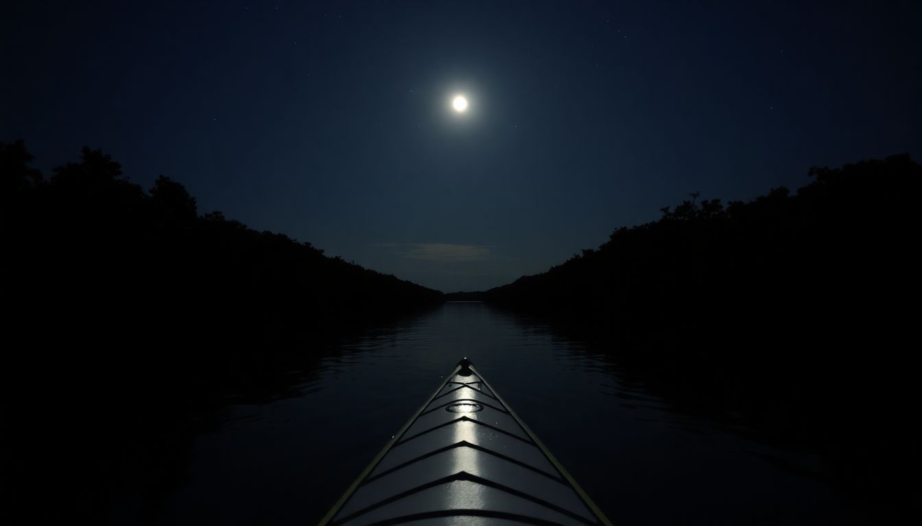 A kayak peacefully glides through mangroves under moonlight at Deering Estate.