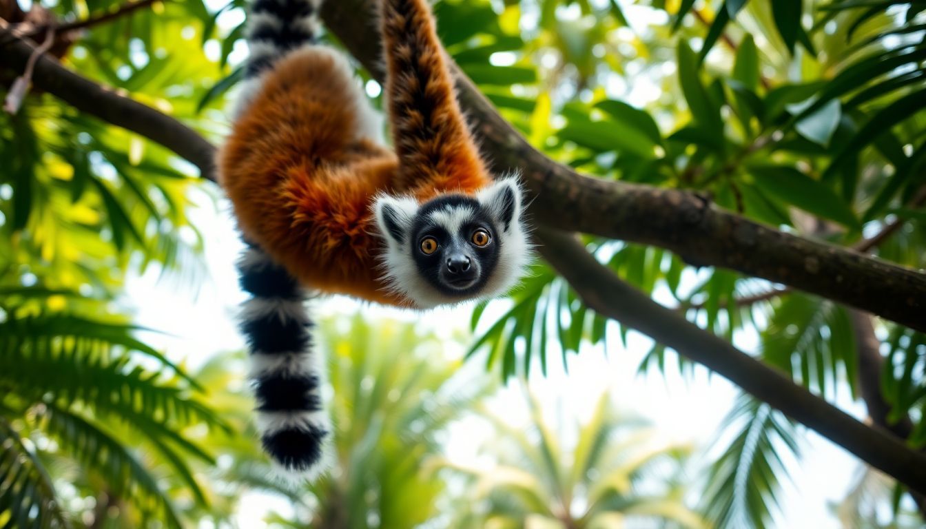 A playful lemur hanging upside down from a tree branch in a lush jungle.