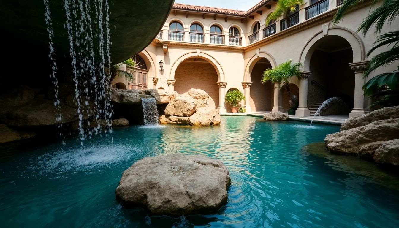 Close-up of Venetian Pool waterfalls and grottos with Mediterranean Revival architecture.