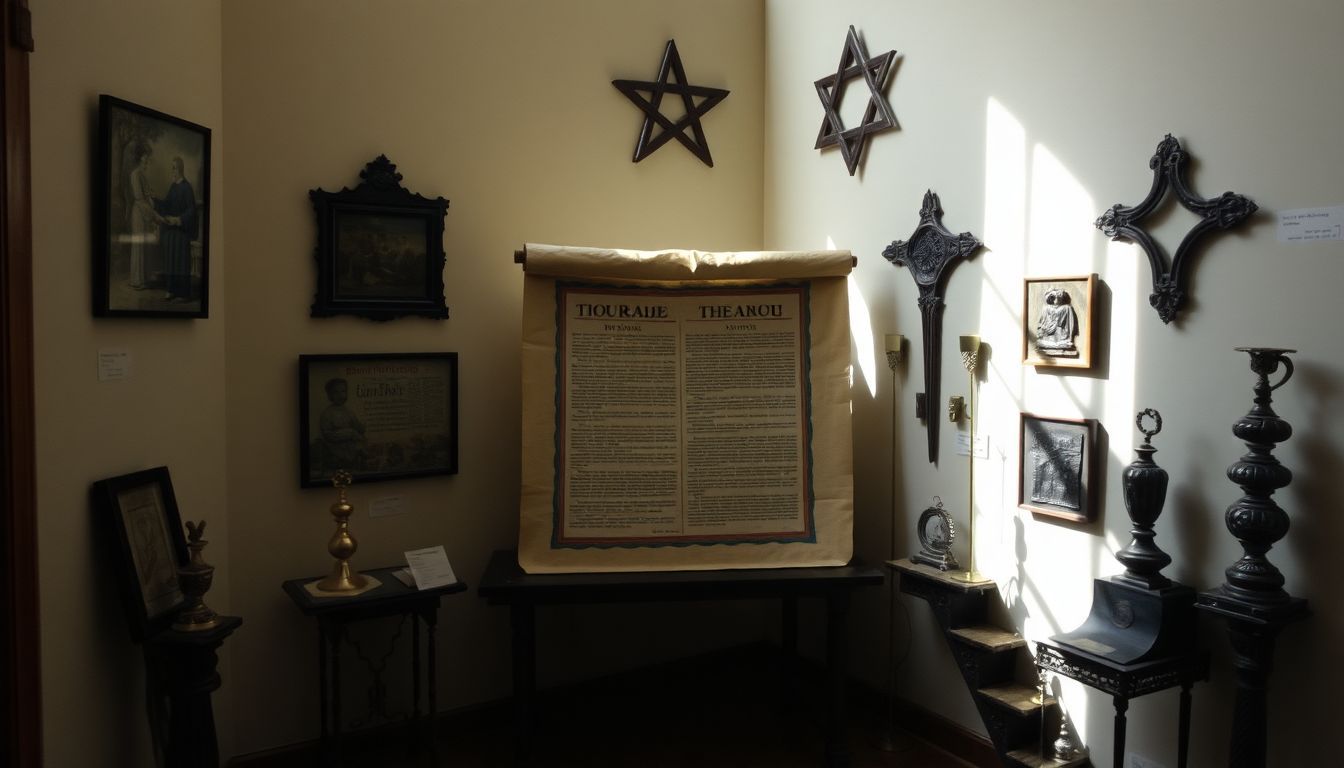 An aged Torah scroll displayed in a historic synagogue.