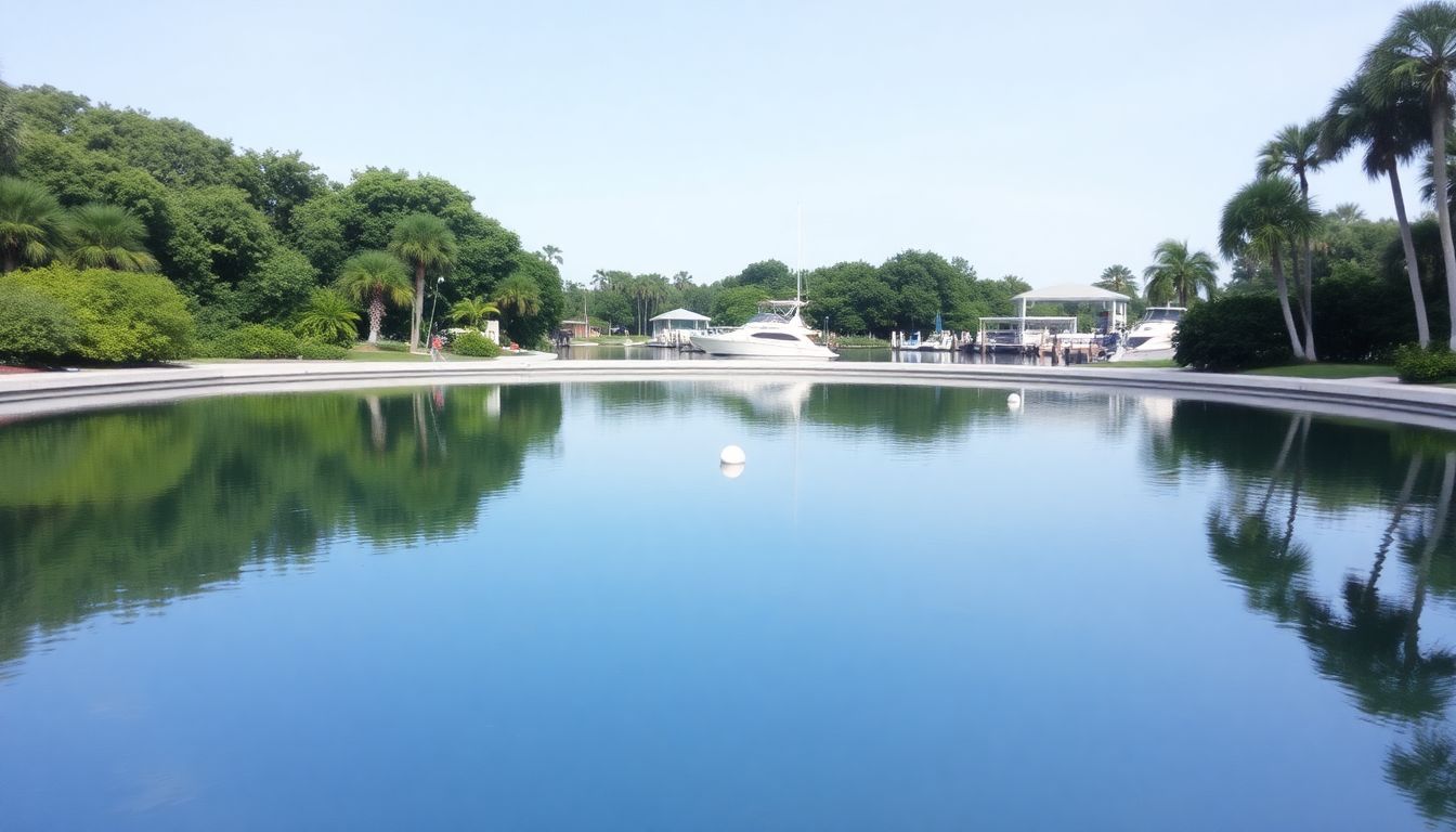 A tranquil Atoll Pool at Matheson Hammock Park with lush greenery.