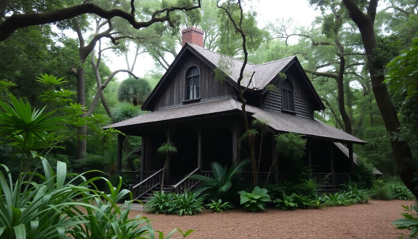 Historic Barnacle House surrounded by lush greenery in state park.