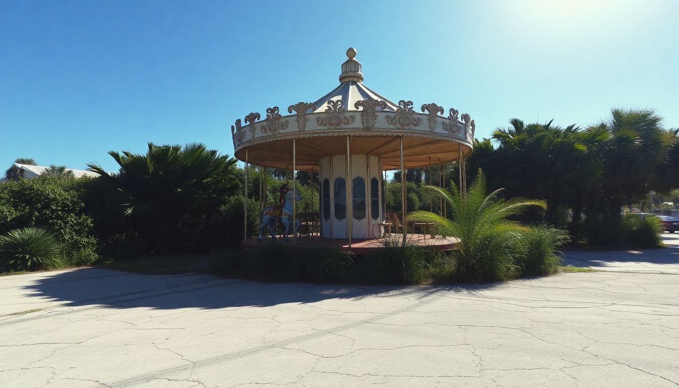 An old carousel at Virginia Key Beach Park sits in overgrown greenery.