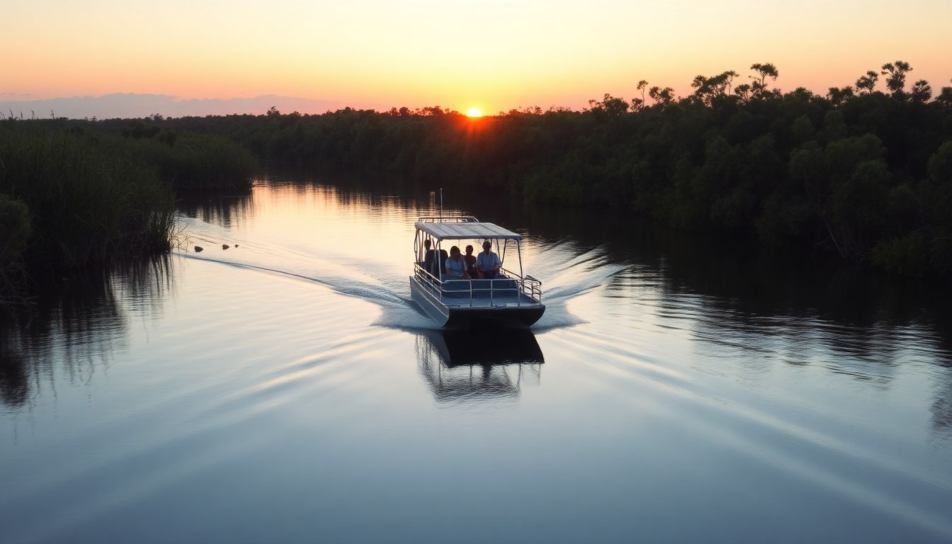 An airboat glides through the calm waters of the Everglades at sunset.