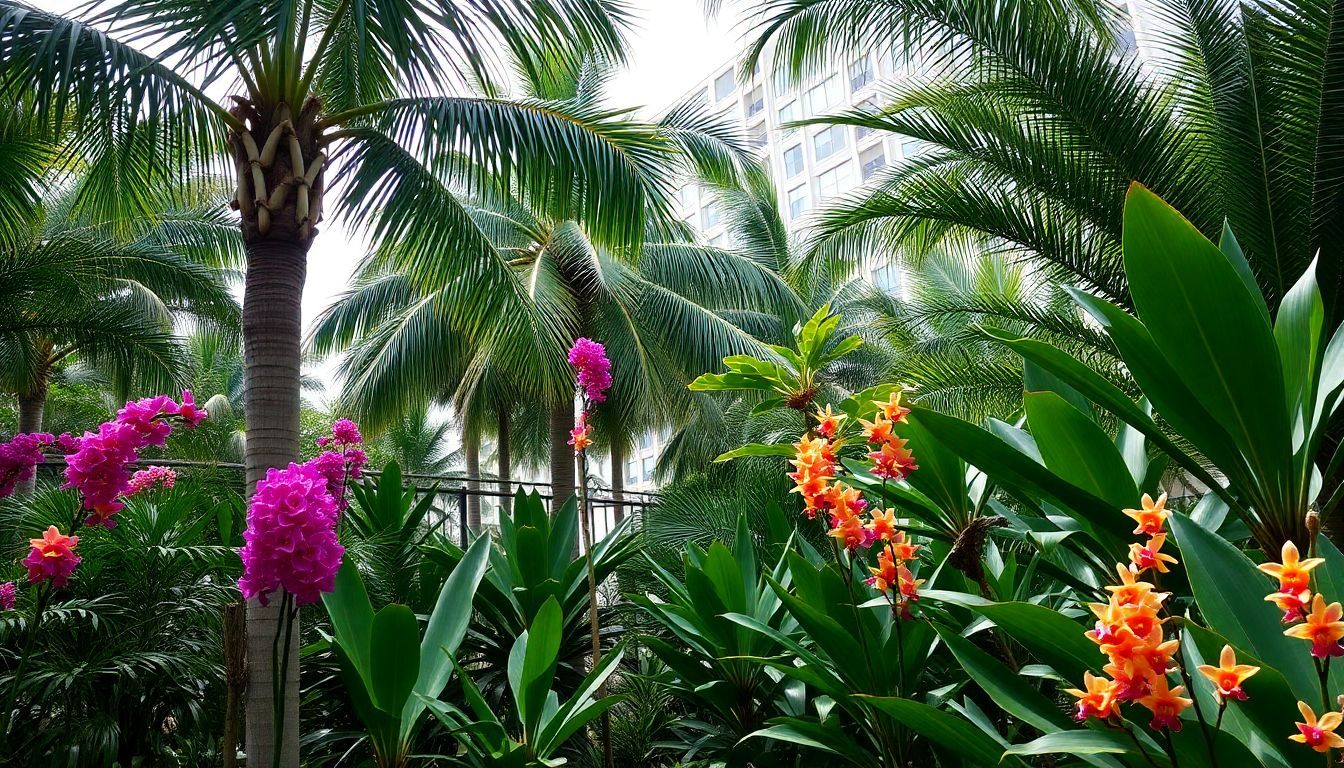 A vibrant tropical garden in Miami Beach with unique palm trees and colorful orchids.